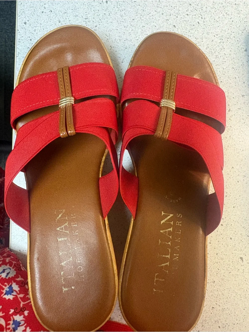 Italian Shoemaker Red Wedge Slide Sandals with Brown Footbed
